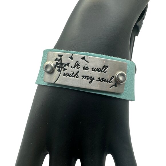 "It Is Well With My Soul" Leather Bracelet With Adjustable Chain Turquoise Blue - Picture 2 of 5